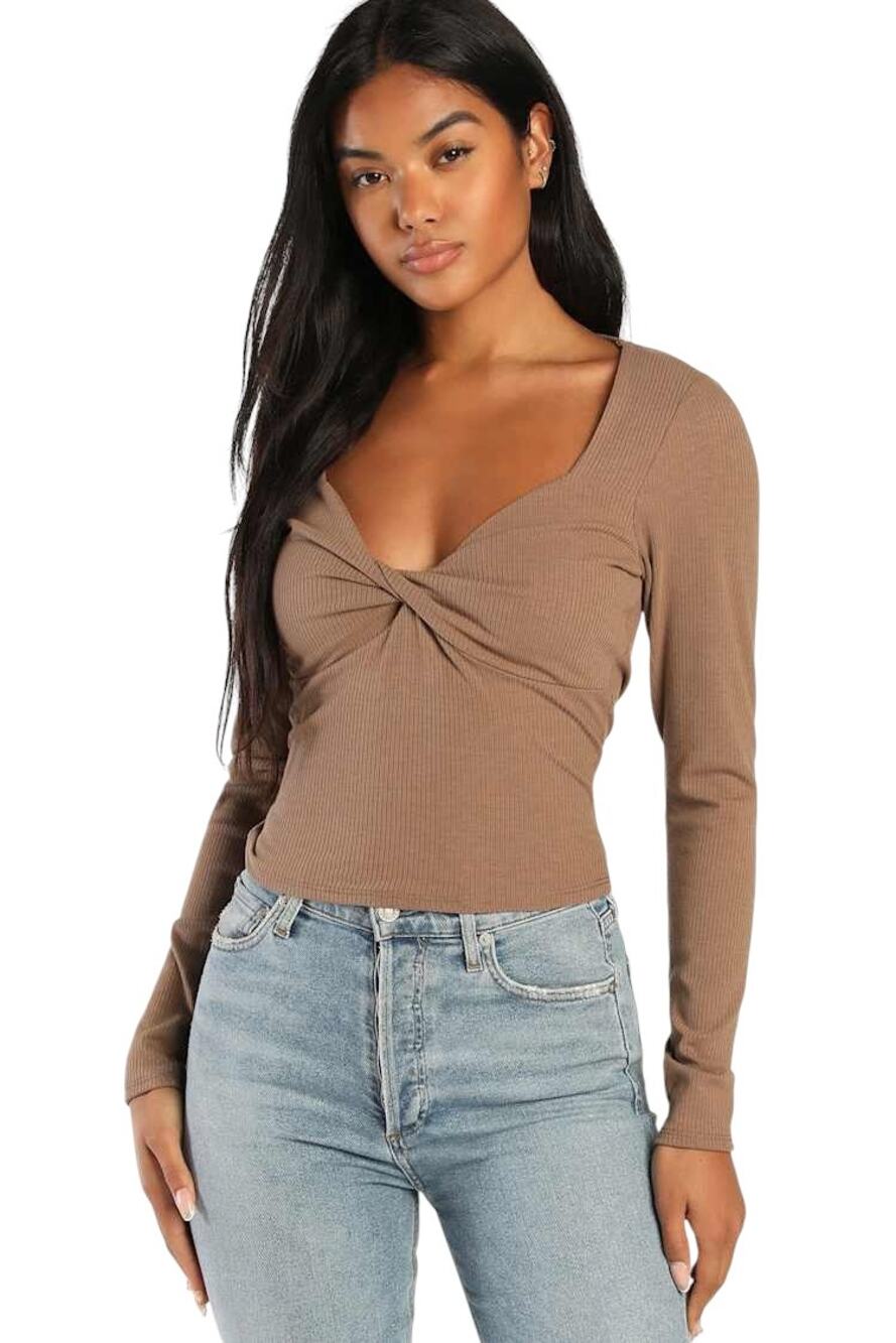 Lulus Modern Image Brown Ribbed Long Sleeve Twist-Front Top size S NWT